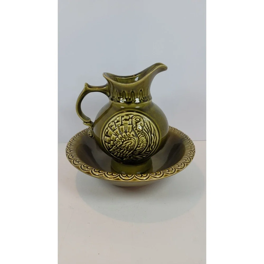 Vintage McCoy Pottery Thanksgiving TURKEY Wash Basin & Pitcher Olive‎ Green